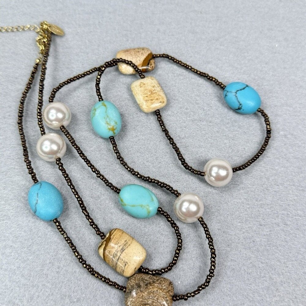 Lia Sophia Necklace Capri Jasper Turquoise Faux Pearl Bronze Seed Beads Beachy - Picture 1 of 7